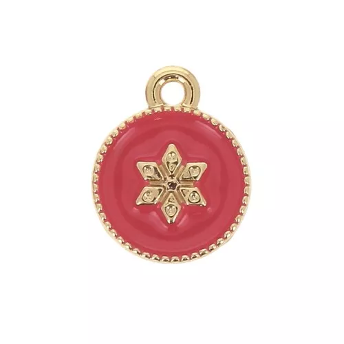 12x10mm Round charm with epoxy resin and star pattern - Gold Tone - Coral x1