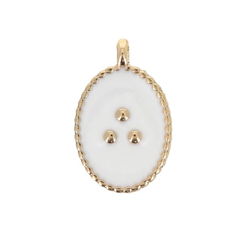 14x9mm Oval charm with small dots in epoxy resin - Gold Tone - White x1