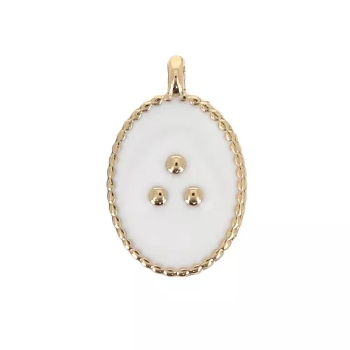 14x9mm Oval charm with small dots in epoxy resin - Gold Tone - White x1