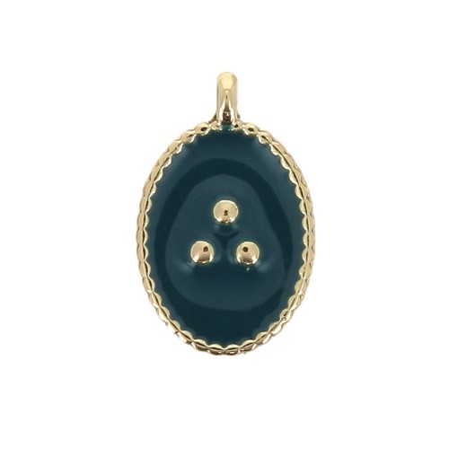 14x9mm Oval charm with small dots in epoxy resin - Gold Tone - Petrol Blue x1