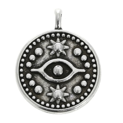 18.5x15mm Round pendant mystic eye pattern - Antique Silver Plating x1
