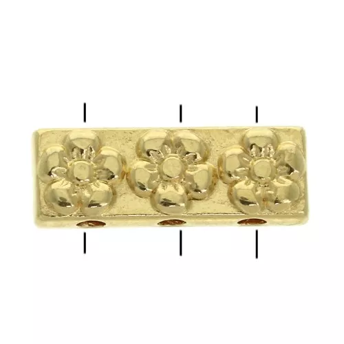 17x6mm Rectangular 3-hole connector - flower pattern ? Fine Gold Plated x1