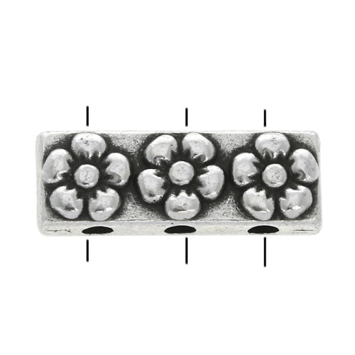 17x6mm Rectangular 3-hole connector - flower pattern Antique Silver Plating x1