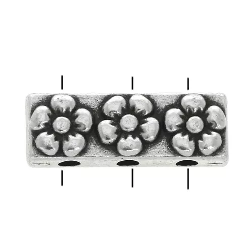 17x6mm Rectangular 3-hole connector - flower pattern Antique Silver Plating x1