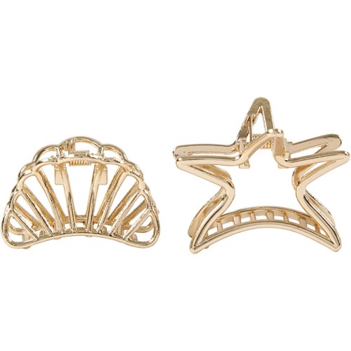 Crocodile hair clips - Shell and star shape - Gold Tone x2