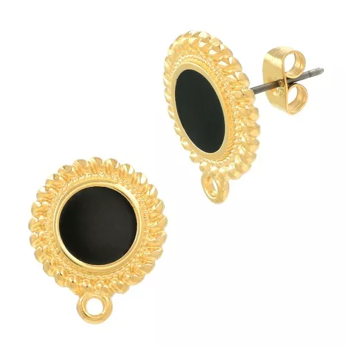 18x15mm Round ethnic & epoxy resin earstuds - Fine Gold Plated - Black x2