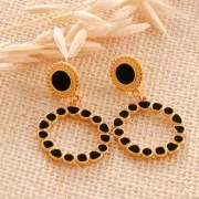 18x15mm Round ethnic & epoxy resin earstuds - Fine Gold Plated - Black x2