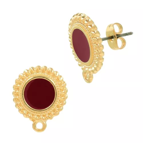 18x15mm Round ethnic & epoxy resin earstuds - Fine Gold Plated - Red x2