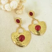 18x15mm Round ethnic & epoxy resin earstuds - Fine Gold Plated - Red x2
