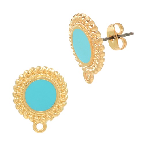 18x15mm Round ethnic & epoxy resin earstuds - Fine Gold Plated - Turquoise x2