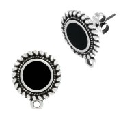 18x15mm Round ethnic & epoxy resin earstuds - Fine Antique silver plating - Black x2