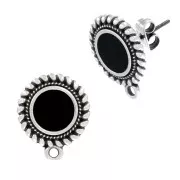 18x15mm Round ethnic & epoxy resin earstuds - Fine Antique silver plating - Black x2
