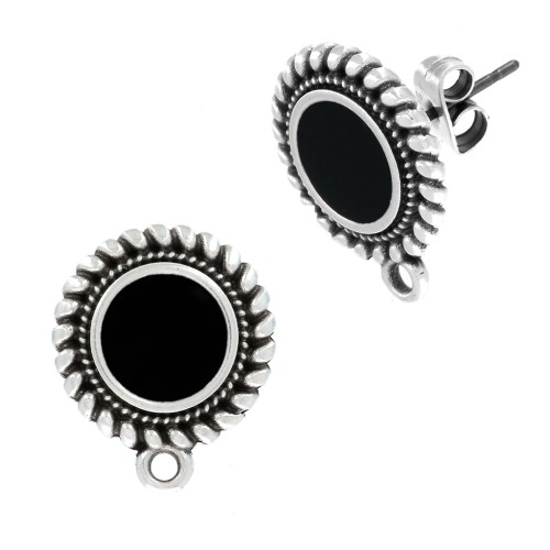 18x15mm Round ethnic & epoxy resin earstuds - Fine Antique silver plating - Black x2