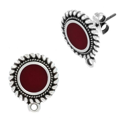18x15mm Round ethnic & epoxy resin earstuds - Fine Antique silver plating - Red x2