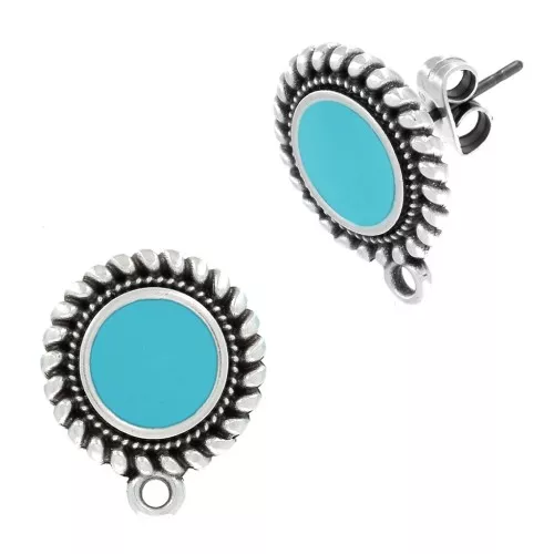 18x15mm Round ethnic & epoxy resin earstuds - Fine Antique silver plating - Turquoise x2