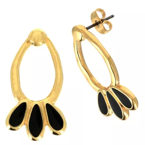 26x14mm Drop earstuds with epoxy resin - Fine Gold Plated - Black x2