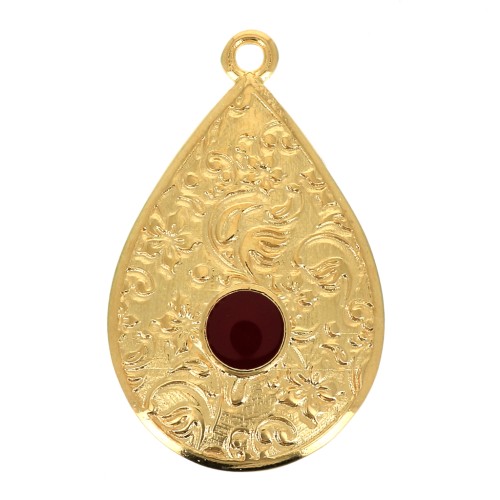 28x17mm Drop Pendant with epoxy resin - Fine Gold Plated - Red x1