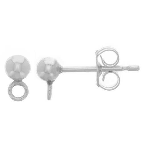 925 Sterling Silver 3 mm ball Earstuds with perpendicular closed ring x2