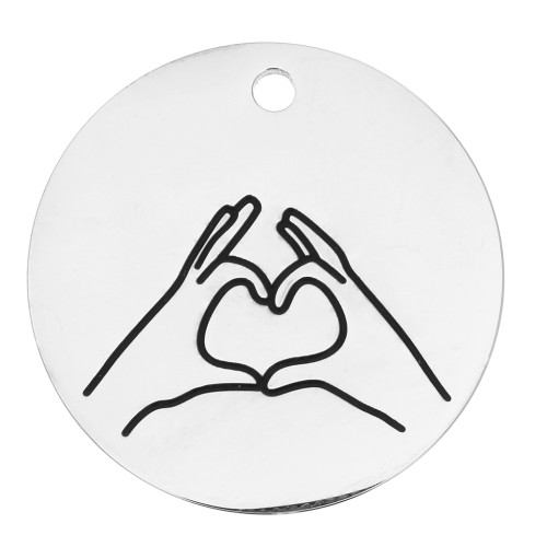 25mm Stainless steel 316L Round pendant - heart with hands pattern x1
