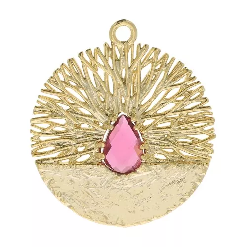 21x19mm Round worked pendant with zirconium oxide - Gold Tone - Red x1