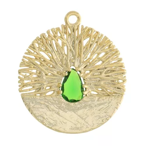 21x19mm Round worked pendant with zirconium oxide - Gold Tone - Green x1