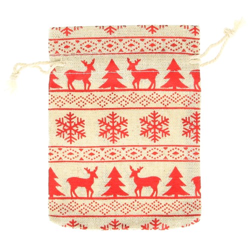 95x135mm Christmas pattern cotton pouch for jewellery - Beige - Red x1