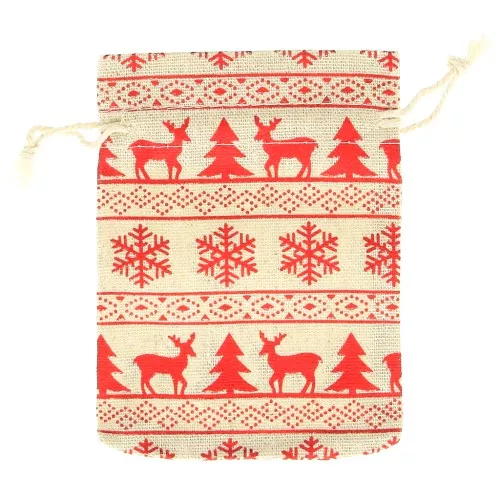 95x135mm Christmas pattern cotton pouch for jewellery - Beige - Red x1