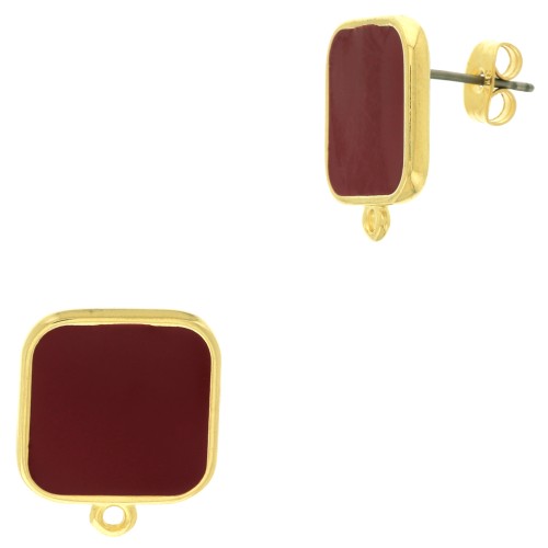 17x15mm Square earstuds with epoxy resin - Fine Gold Plated - Red x2