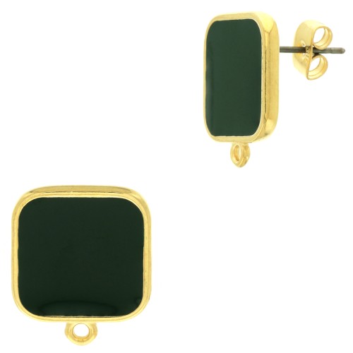 17x15mm Square earstuds with epoxy resin - Fine Gold Plated - Fir Green x2