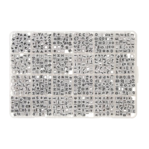 Box of 1200 6mm letter alphabet and hearts cube shape beads White - Black x1