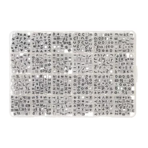 Box of 1200 6mm letter alphabet and hearts cube shape beads White - Black x1