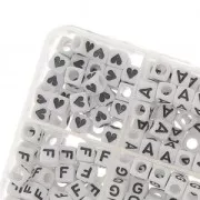 Box of 1200 6mm letter alphabet and hearts cube shape beads White - Black x1