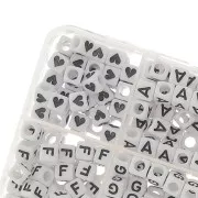 Box of 1200 6mm letter alphabet and hearts cube shape beads White - Black x1