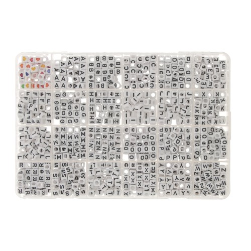 Box of 1200 6mm letter alphabet and hearts cube shape beads Black - Multicol. x1
