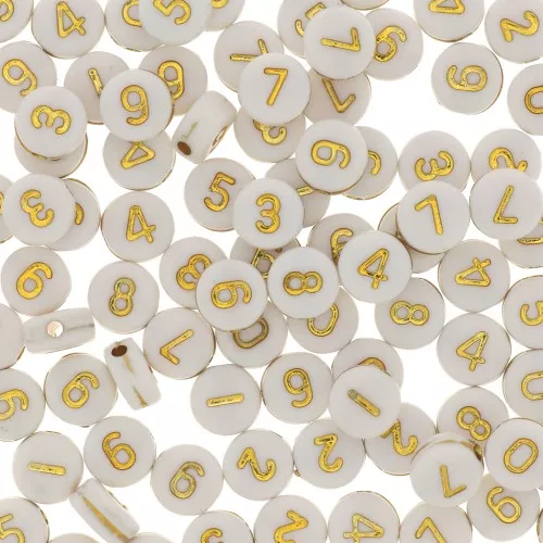 Assortment of 100 round number beads 7mm - White - Gold Tone x1