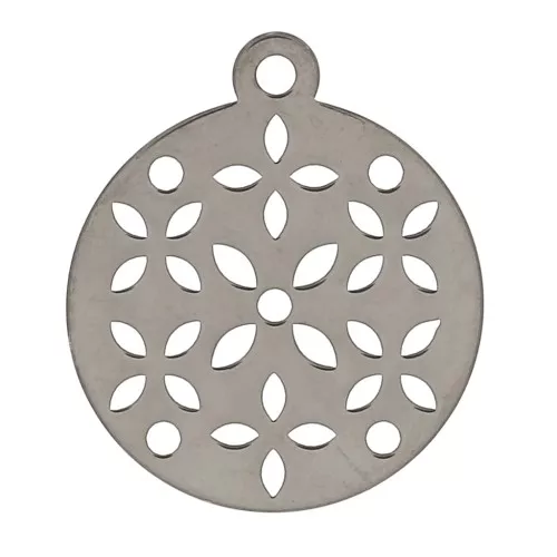 15mm 925 Sterling Silver Round openwork flower charm - Black Rhodium x1