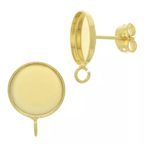 Earstuds for 10mm flat back cabochon - open ring - Fine Gold Plated x2