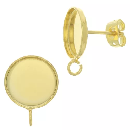 Earstuds for 12mm flat back cabochon - open ring - Fine Gold Plated x2