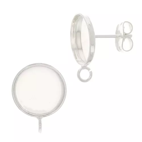 Earstuds for 10mm flat back cabochon - open ring - Silver Tone x2