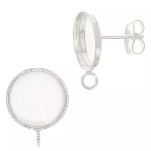 Earstuds for 12mm flat back cabochon - open ring - Silver Tone x2