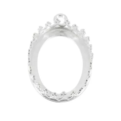 Oval pendant setting - crown patter - for 18x13mm cabochon - Fine Silver Plated x1