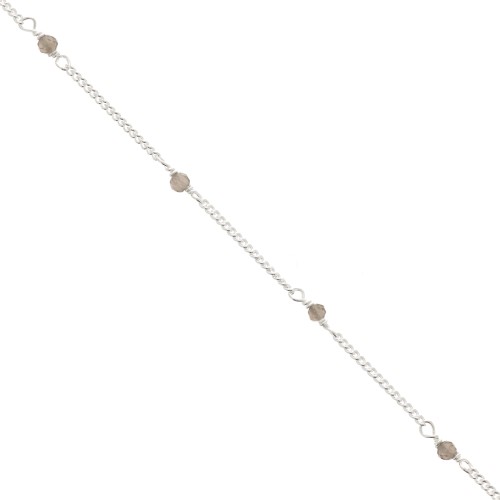 2mm 925 Sterling Silver Curb mesh Chain with faceted stones - Smoky Quartz x50cm