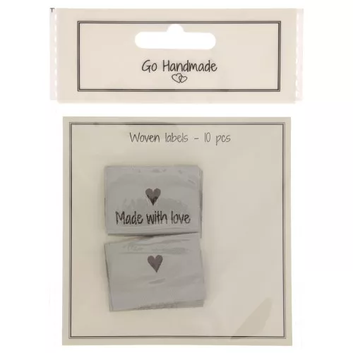 35x19mm Set of 10 woven sew-on labels - double sided Made with love Light grey x1