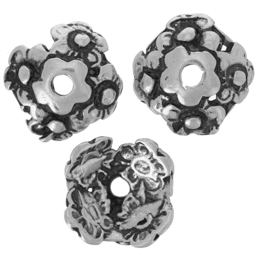 bead cap flowers motif 12mm Old silver tone x4