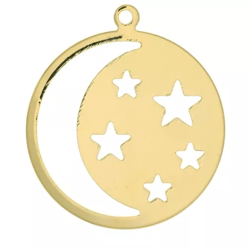 28x25mm Round pendant with moon and openwork stars - 3 micron gold plated x1