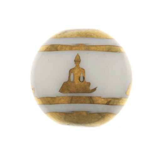 10mm Round glass beads - Buddha pattern - White - Gold x4