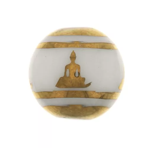 10mm Round glass beads - Buddha pattern - White - Gold x4