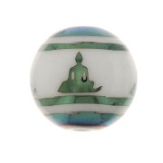 10mm Round glass beads - Buddha pattern - White - Metallic Blue Green x4