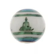 10mm Round glass beads - Buddha pattern - White - Metallic Blue Green x4