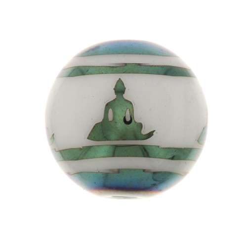 10mm Round glass beads - Buddha pattern - White - Metallic Blue Green x4